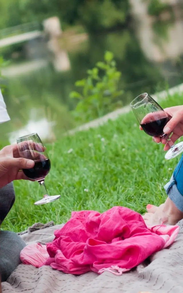 Zoom sur les mains de personnes assis sur le bord de l'eau avec des verres de vin à la main