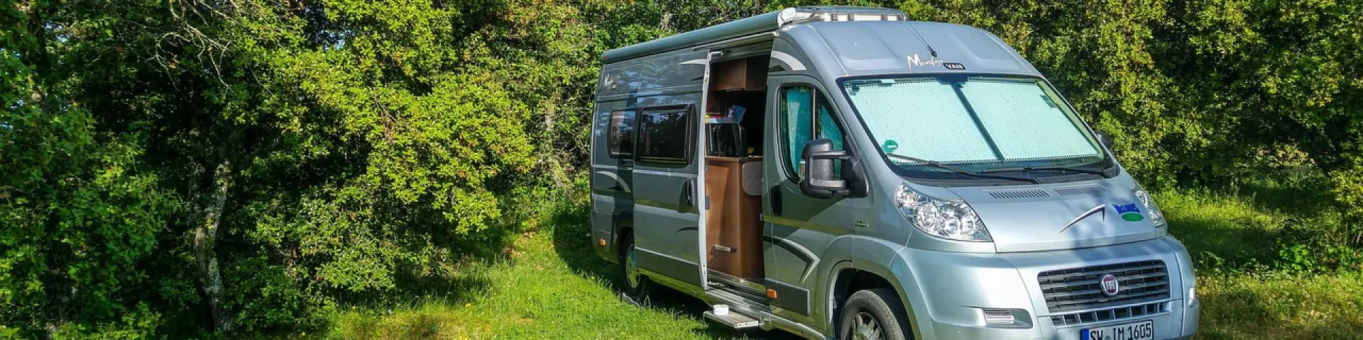 Van moderne aménagé en camping-car gris métallisé porte ouverte devant arbres