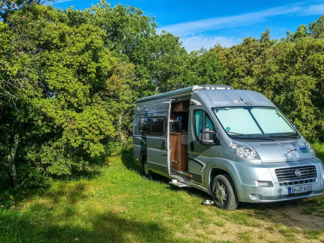 Van moderne aménagé en camping-car gris métallisé porte ouverte devant arbres
